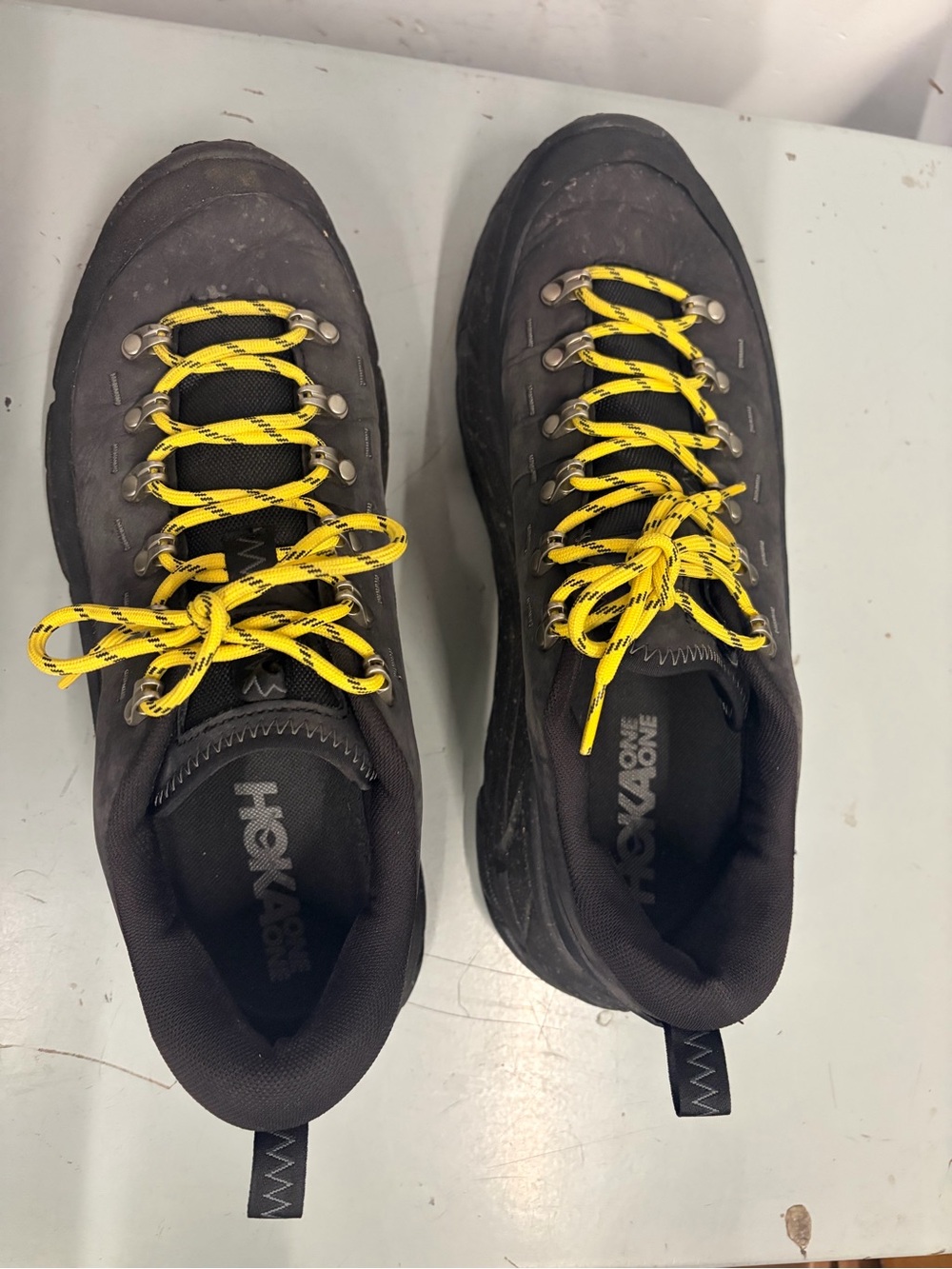 Hoka One One Men’s Black Trail Boots with Yellow Laces